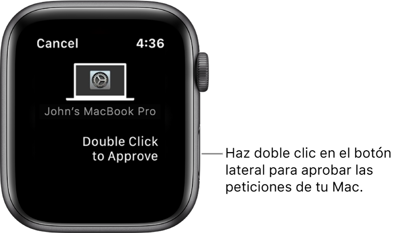 Apple Watch con una solicitud de aprobación de un MacBook Pro.
