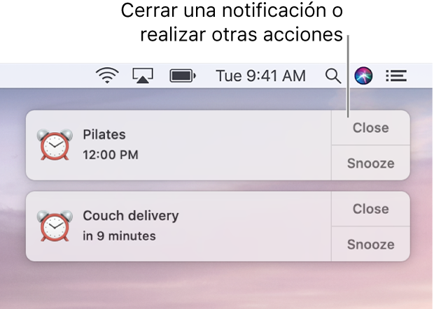 Notificaciones de la app Calendario en la esquina superior derecha de la pantalla.