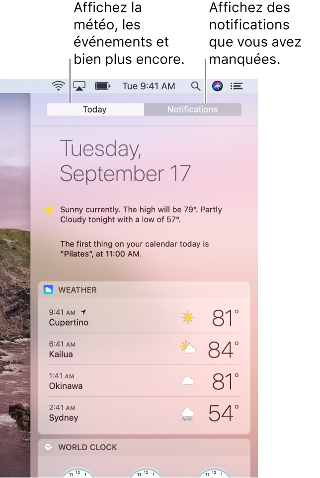 L’affichage Aujourd’hui affichant la météo de trois villes. Cliquez sur l’onglet Notifications pour consulter les notifications que vous avez manquées.