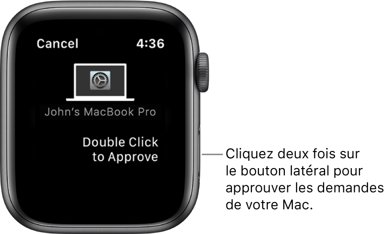 Apple Watch présentant une demande d’approbation d’un MacBook Pro.