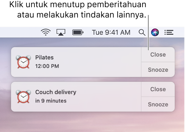 Pemberitahuan dari app Kalender di pojok kanan atas layar.