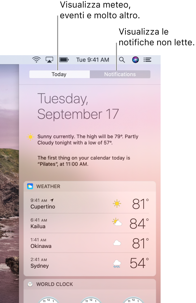 Vista Oggi con le previsioni meteo in tre località. Fai clic sul pannello Notifiche per visualizzare le notifiche mancanti.