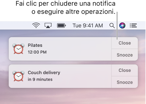 Notifiche dell'app Calendario nell'angolo superiore destro dello schermo.