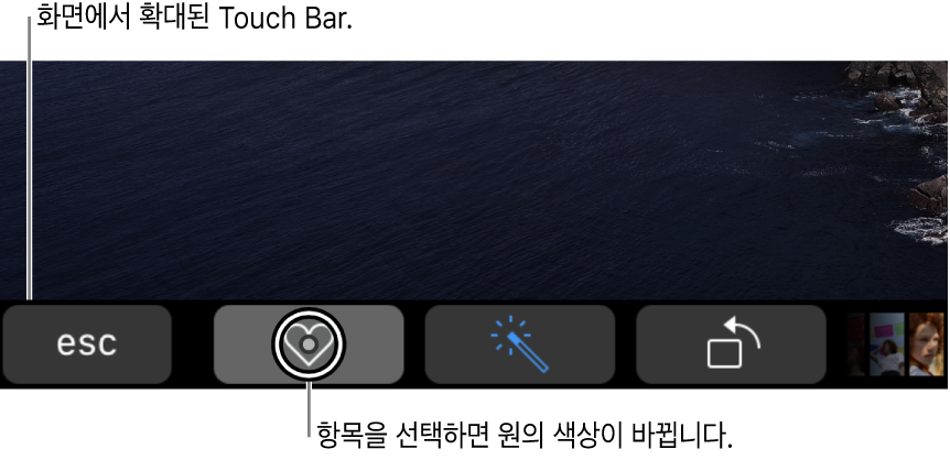 화면 하단의 확대된 Touch Bar. 버튼을 선택하면 버튼 위의 원이 바뀝니다.