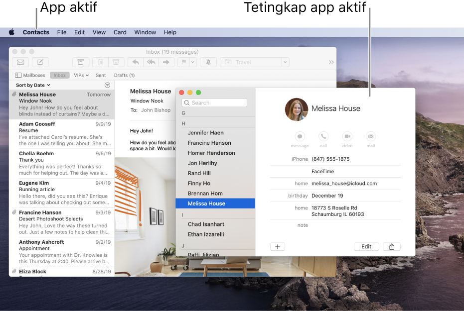 Contoh desktop dengan berbilang tetingkap terbuka namun hanya satu app aktif.