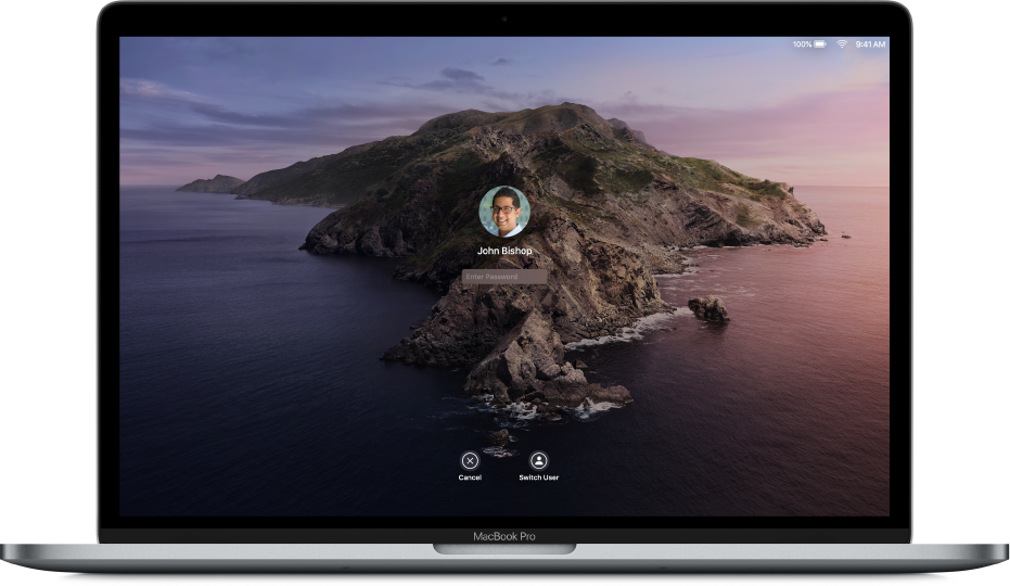 Desktop Mac menunjukkan skrin log masuk dikunci dengan medan kata laluan di bahagian tengah dan butang Batal di bahagian bawah.