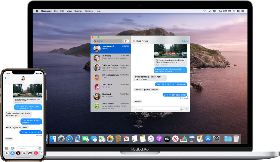 iPhone menunjukkan mesej teks, bersebelahan Mac yang mesej diserahkan dan ikon Handoff muncul di hujung kiri Dock.