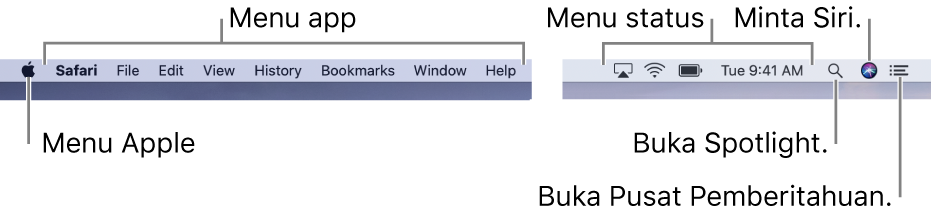 Bar menu. Pada sebelah kiri adalah menu Apple dan menu app. Pada sebelah kanan adalah menu status, serta ikon Spotlight, Siri dan Pusat Pemberitahuan.