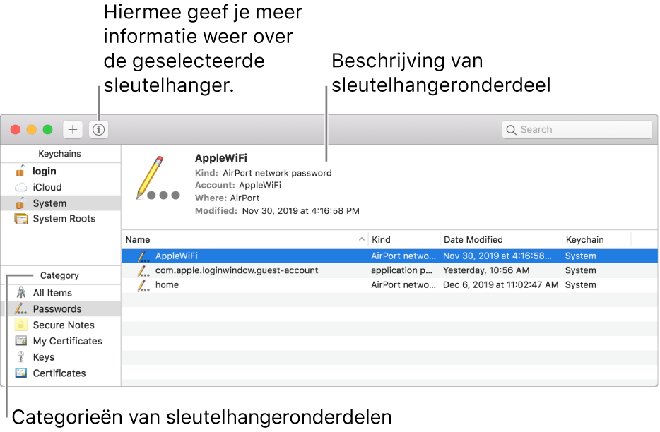 De hoofdgedeelten van het venster 'Sleutelhangertoegang': de lijst met categorieën, de lijst met sleutelhangeronderdelen en een beschrijving van de sleutelhangeronderdelen.