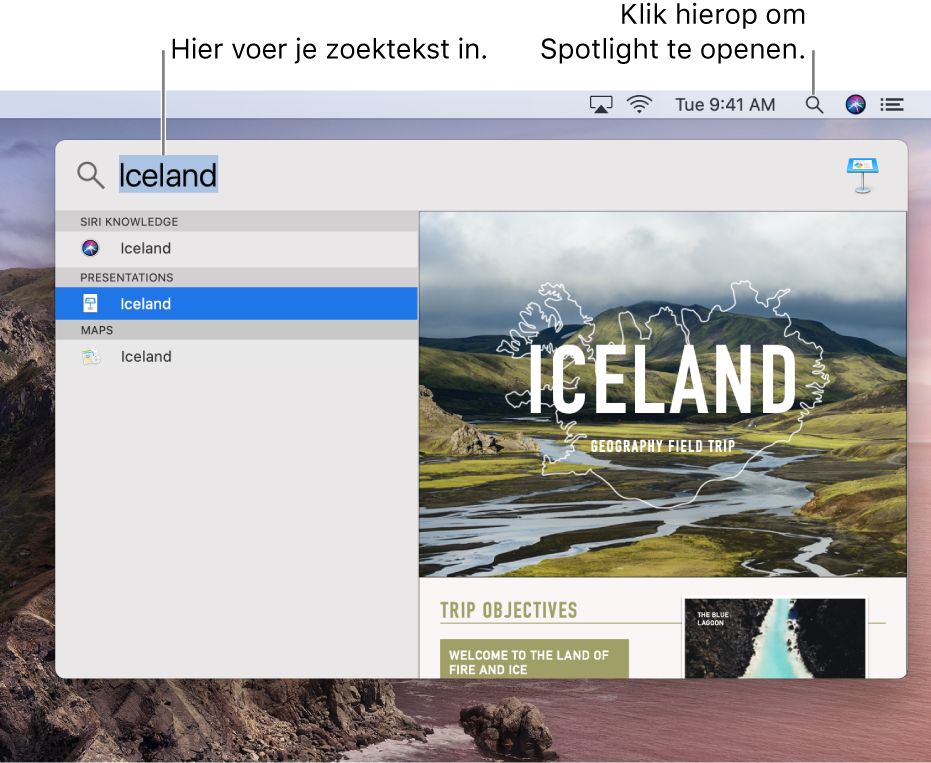 Het Spotlight-menu met een voorbeeld van een zoekopdracht en zoekresultaten.