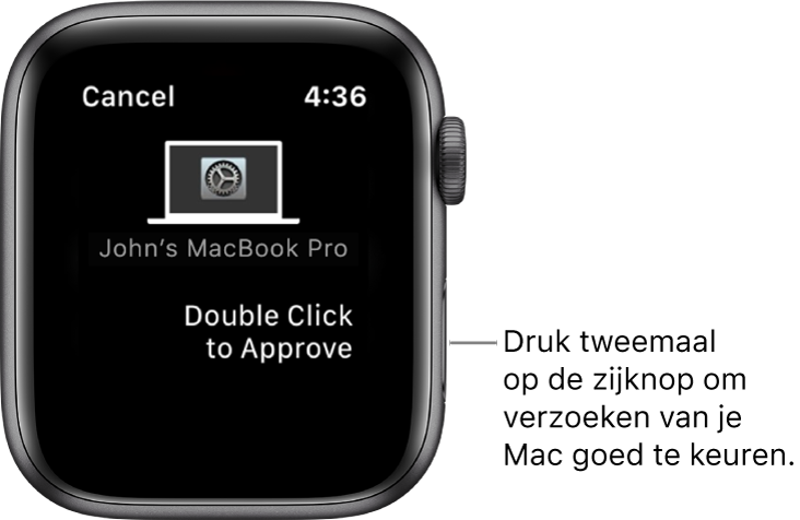 Een Apple Watch waarop een autorisatieverzoek van een MacBook Pro te zien is.