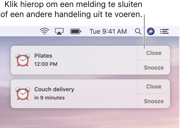 Meldingen van de app Agenda rechtsboven in het scherm.