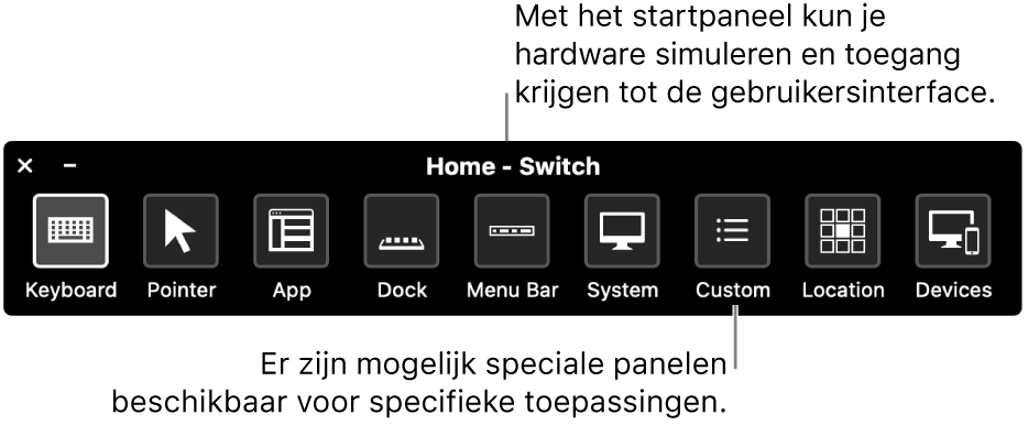 Het beginpaneel van Schakelbediening is uitgerust met knoppen waarmee je van links naar rechts het volgende regelt: toetsenbord, aanwijzer, app, Dock, menubalk, systeemregelaars, aangepaste panelen, schermlocatie en andere apparaten.