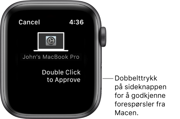 Apple Watch som viser en godkjenningsforespørsel fra en MacBook Pro.