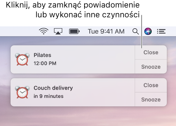 Powiadomienia z aplikacji Kalendarz, wyświetlane w prawym górnym rogu ekranu.