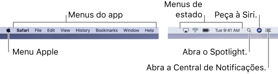 A barra de menus. À esquerda, encontram-se o menu Apple menu e menus de apps. À direita, encontram-se os menus de estado e os ícones do Spotlight, da Siri e da Central de Notificações.