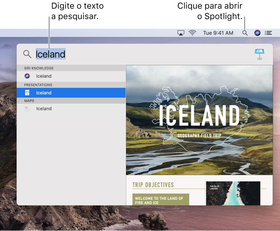 O menu do Spotlight a apresentar uma pesquisa de exemplo com os resultados da pesquisa.