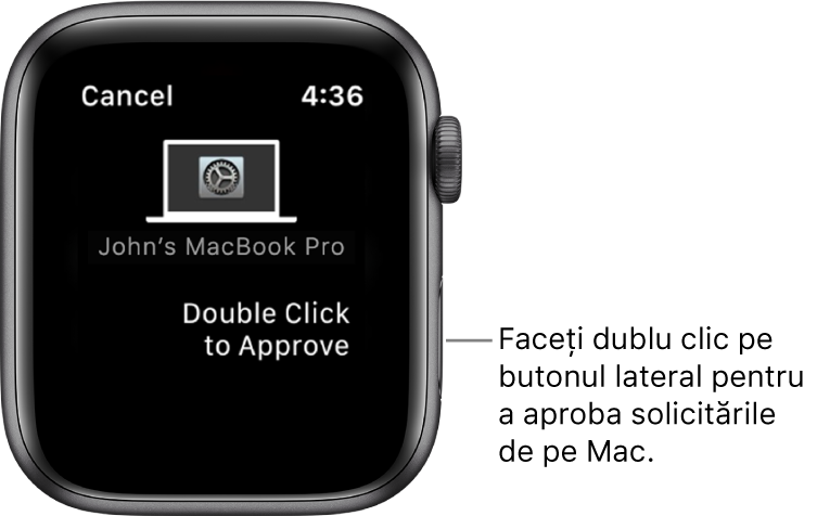 Apple Watch afișând o solicitare de aprobare din partea unui MacBook Pro.