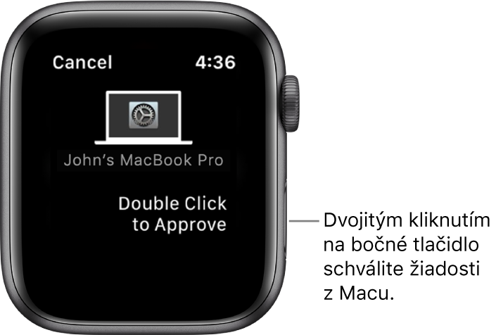 Apple Watch so žiadosťou o schválenie z MacBooku Pro.