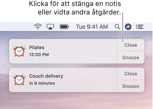 Notiser från programmet Kalender i övre högra hörnet av skärmen.