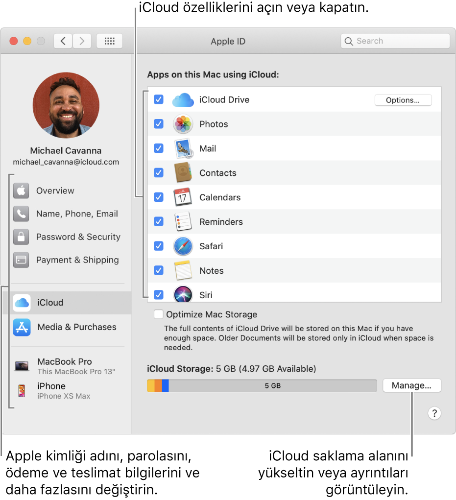 Tüm özelliklerin seçildiği iCloud tercihleri.