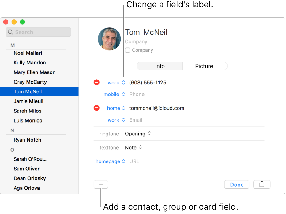 A contact card showing a field label that can be changed and the button at the bottom of the card for adding a contact, group or card field.