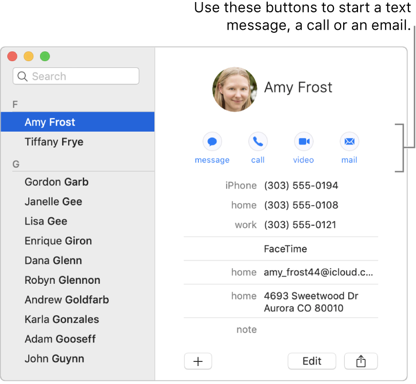 A contact card showing the buttons located below the contact’s name. You can use these buttons to start a text message, a phone, audio or video call, or an email.