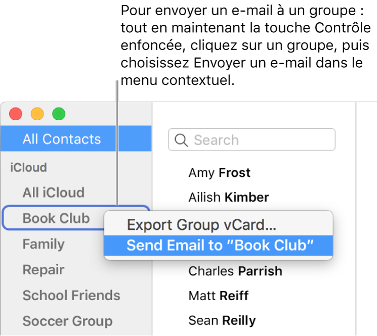La barre latérale de Contacts affichant le menu local avec la commande permettant d’envoyer un e-mail au groupe sélectionné.