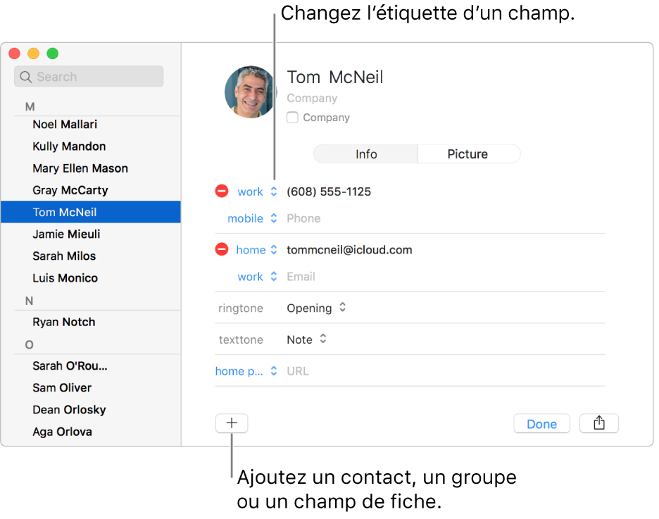 La fiche d’un contact affichant une étiquette de champ qui peut être modifiée et le bouton en bas de la fiche pour ajouter un champ contact, groupe ou fiche.