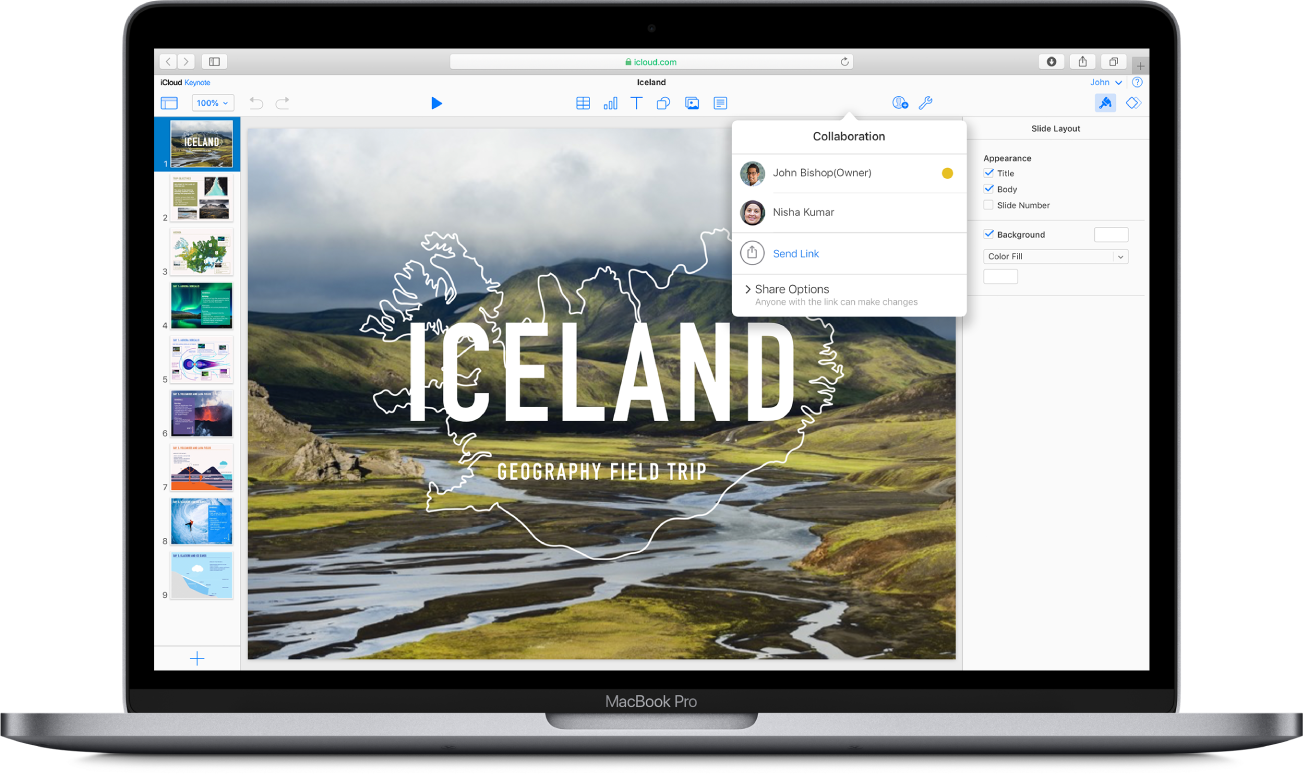 Una presentazione di Keynote denominata “Iceland: Geography Field Trip” viene visualizzata su iCloud.com. La finestra a comparsa Collaborazione è aperta e visualizza che è condivisa da due persone.