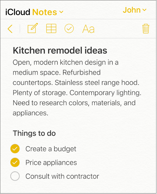 Een iCloud-notitie met de titel 'Ideeën keukenrenovatie'. Deze bevat een checklist met de naam 'Taken' en twee afgevinkte items.