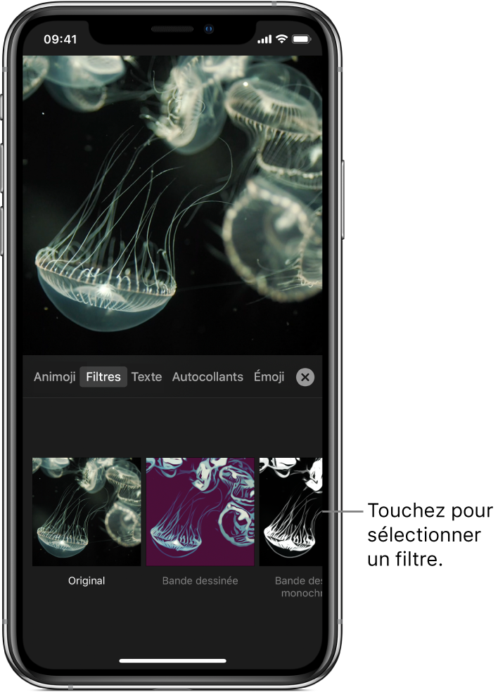 Image d’une vidéo dans le visualiseur avec les filtres; option Bande dessinée sélectionnée.