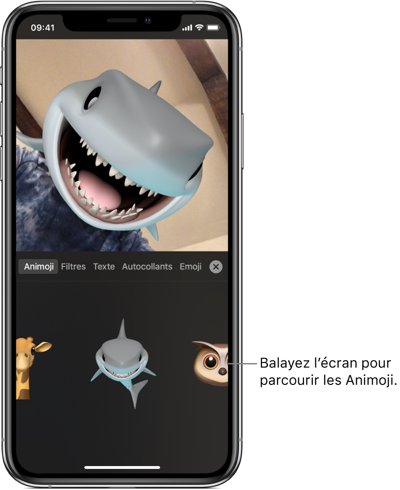 Une image vidéo dans le visualiseur, avec Animoji sélectionné et les personnages Animoji affichés en bas.