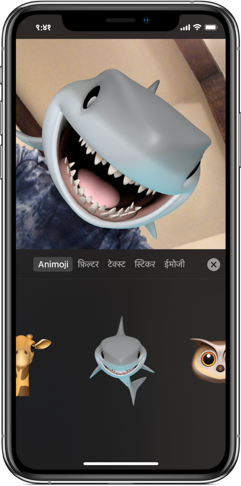 व्यूअर में शार्क Animoji के साथ वीडियो इमेज।