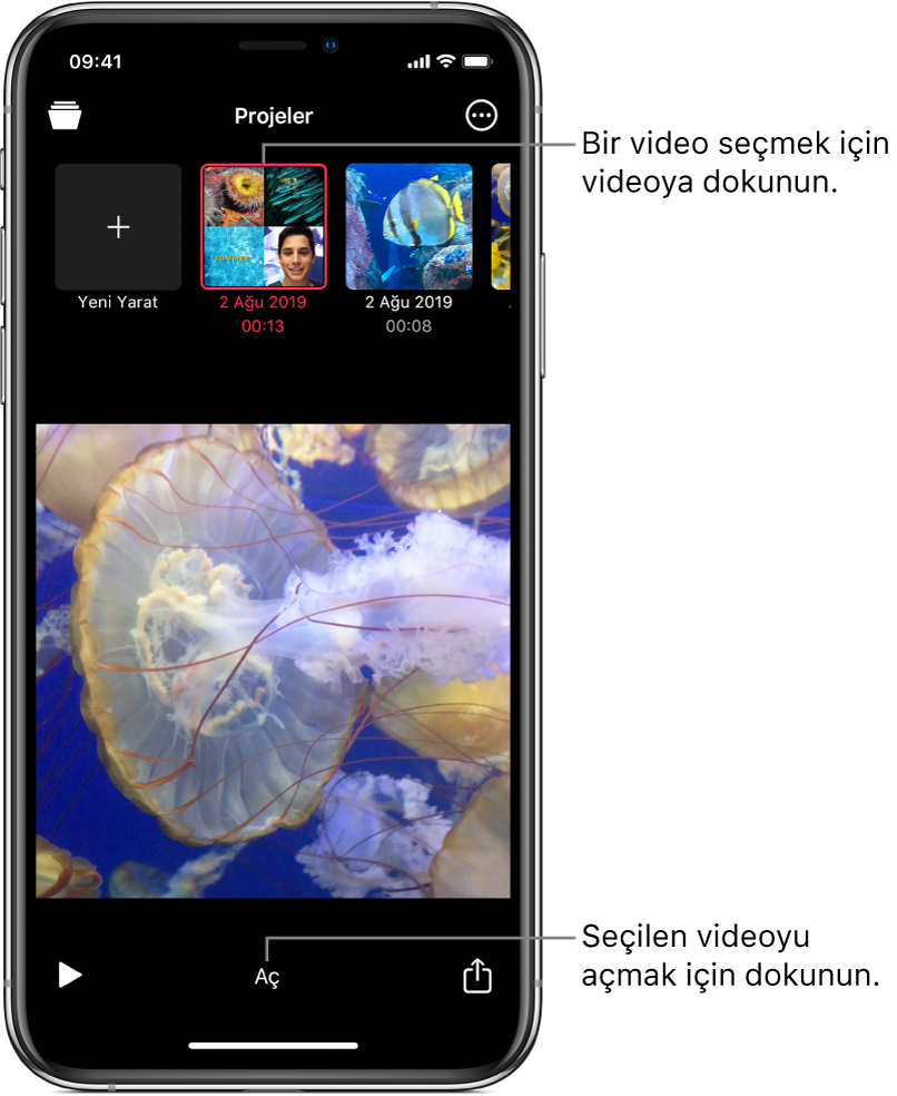 Görüntüleyicide bir video görüntüsü; üst tarafta Yeni Yarat düğmesi ve mevcut projelerin küçük resimleri, alt tarafta ise Aç düğmesi var.