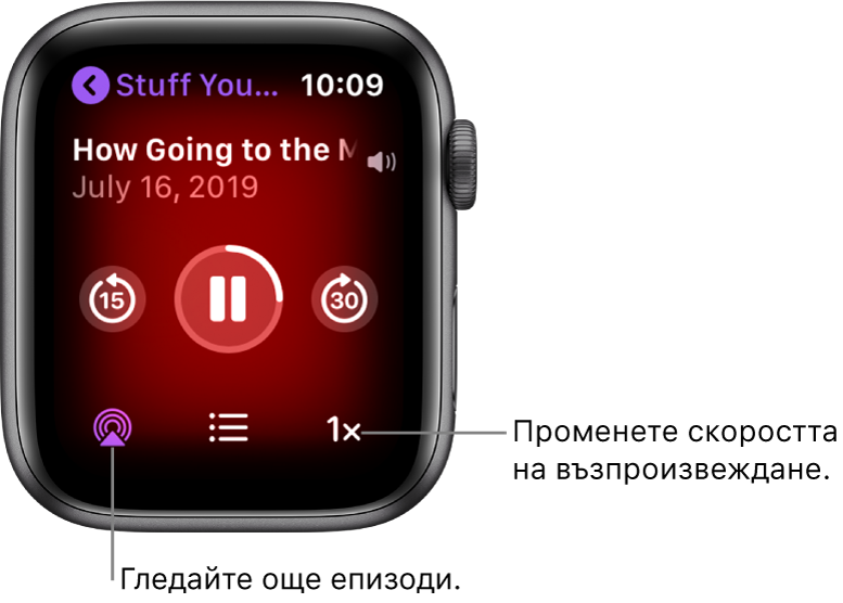Екран Now Playing (Сега се изпълнява) на Podcasts (Подкасти), показващ заглавието на програмата, заглавието на епизода, датата, бутона за преминаване назад с 15 секунди, бутона пауза, бутона за преминаване напред с 15 секунди, бутона за епизодите, индикатора за силата на звука и бутона за скорост на възпроизвеждане.