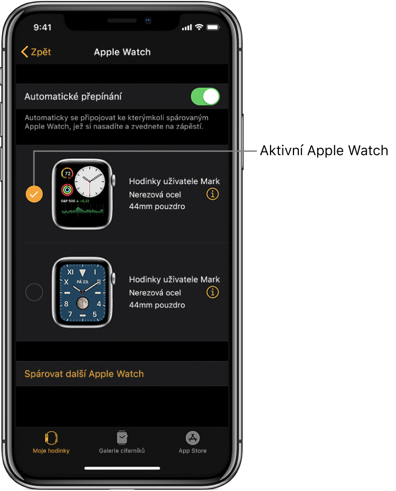 Aktivní hodinky Apple Watch jsou označeny zaškrtnutím.