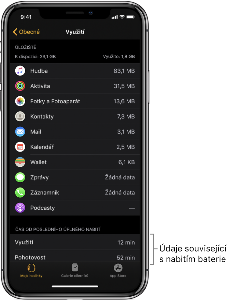 V dolní polovině obrazovky Využití v aplikaci Apple Watch najdete hodnoty energie pro režimy Využití, Pohotovost a Rezerva.