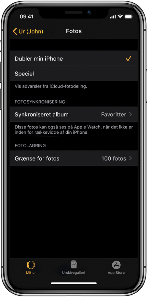 Indstillinger til Fotos i appen Apple Watch på iPhone med indstillingen Synkroniseret album i midten og indstillingen Grænse for fotos nedenunder.