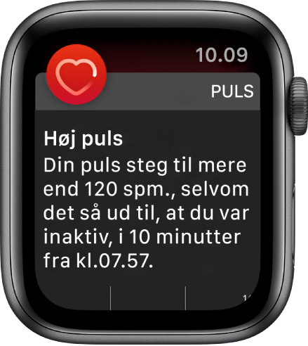 Skærmen Høj puls, der viser en meddelelse om, at din puls steg til mere end 120 spm, mens du har været passiv i 10 minutter.