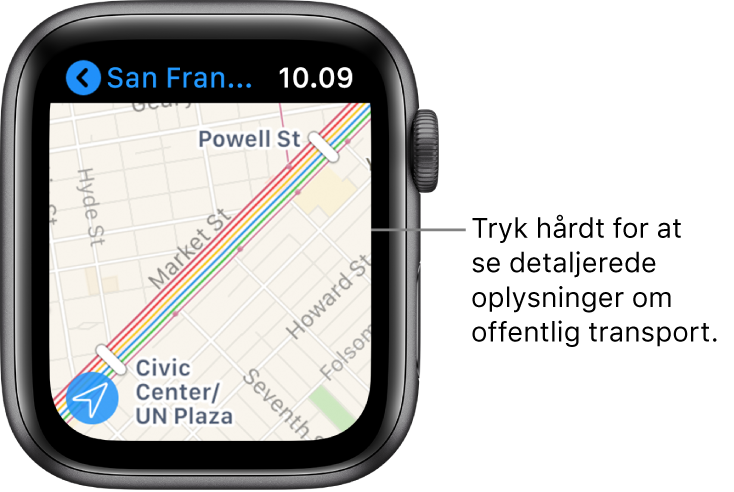 Appen Kort, der viser oplysninger om offentlig transport, herunder ruter og navne på stoppesteder.