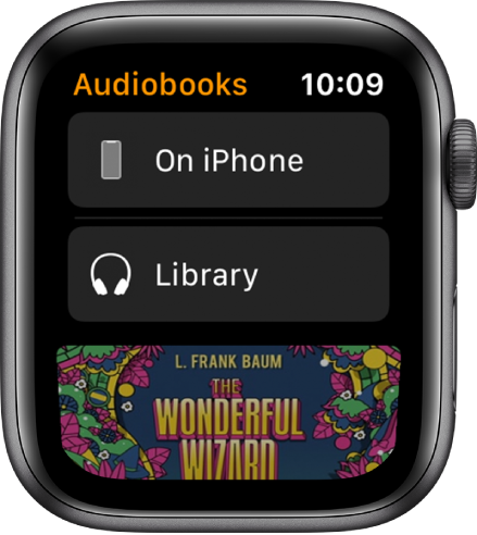 Apple Watch showing the Audiobooks screen with iPhone at the top, Library below, and a portion of an audiobook’s cover art at the bottom.