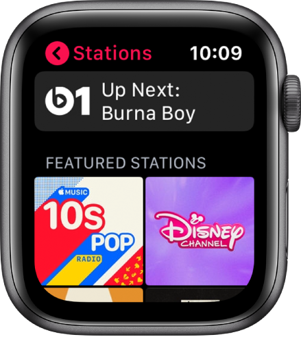 The Radio screen showing Beats 1 radio at the top and two featured stations below.