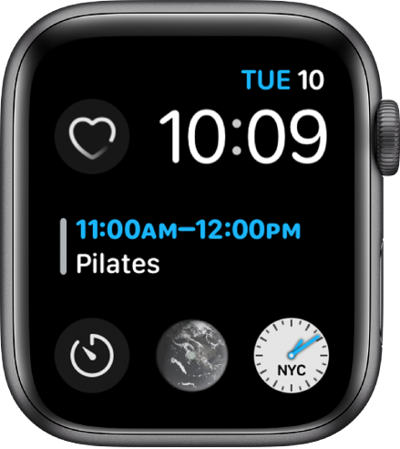 The Infograph Modular watch face showing the day, date, and time at the top right, weather is in the middle, and three subdials near the bottom.