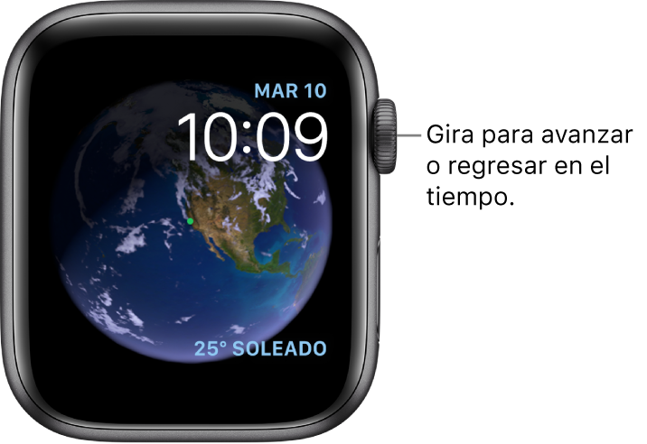La carátula Astronomía muestra el día, la fecha y la hora actual. Hay una complicación Clima en la esquina inferior derecha. Gira la corona Digital Crown para avanzar o retroceder el tiempo.