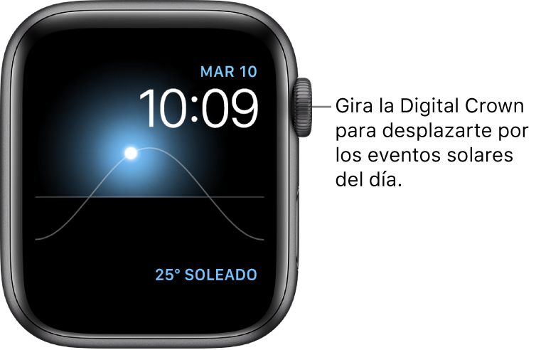La carátula Solar, que muestra el día, la fecha y la hora actuales (y que no puedes modificar). Aparece una complicación Clima en la esquina inferior derecha. Gira la corona Digital Crown para mover el Sol en el cielo a las posiciones de anochecer, amanecer, cenit, puesta del sol u oscuridad.
