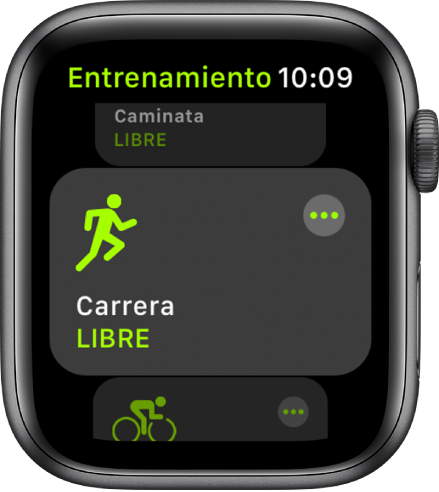 La pantalla Entrenamiento con la opción Carrera resaltada.