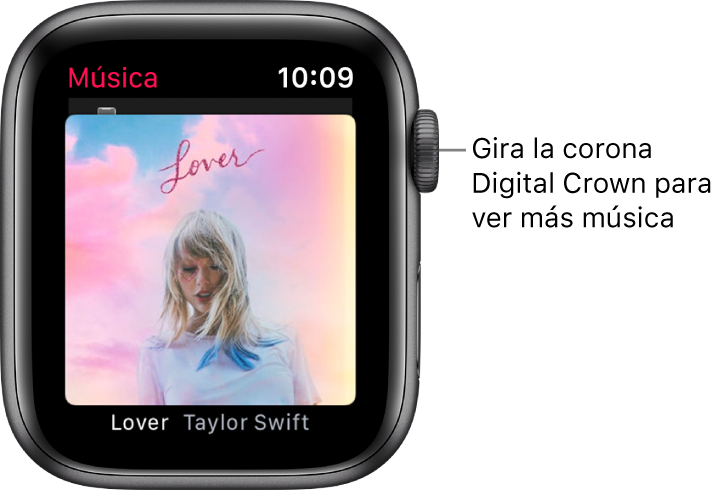 Pantalla con un álbum y su ilustración en la app Música.