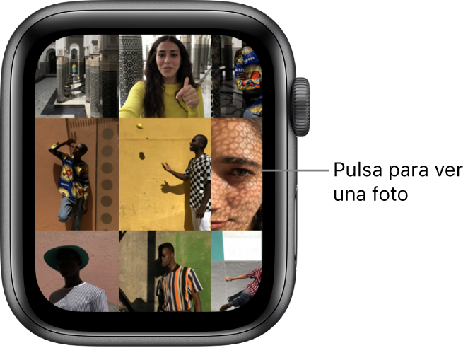 Pantalla principal de la app Fotos del Apple Watch, con varias fotos colocadas en una retícula.