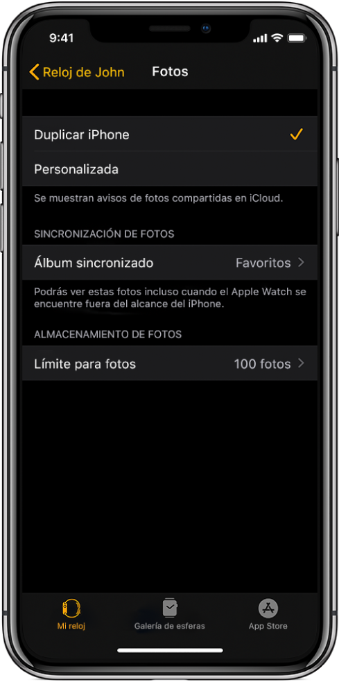 Ajustes de Fotos en la app Apple Watch del iPhone, con el ajuste “Álbum sincronizado” en el medio y el ajuste “Límite para fotos” debajo.